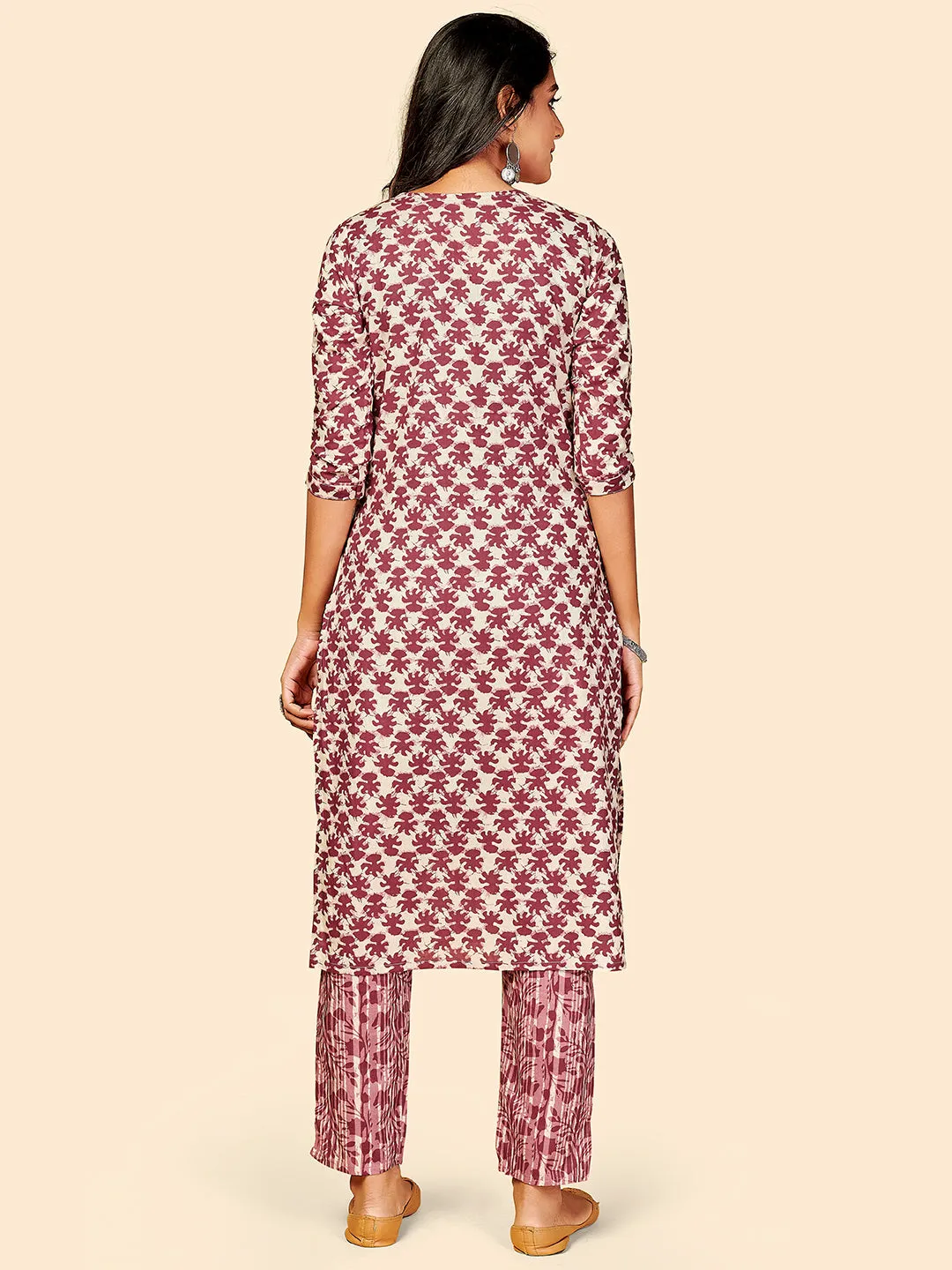 Women'S Printed & Mirror Work Straight Cotton Maroon Stitched Kurta With Pant
