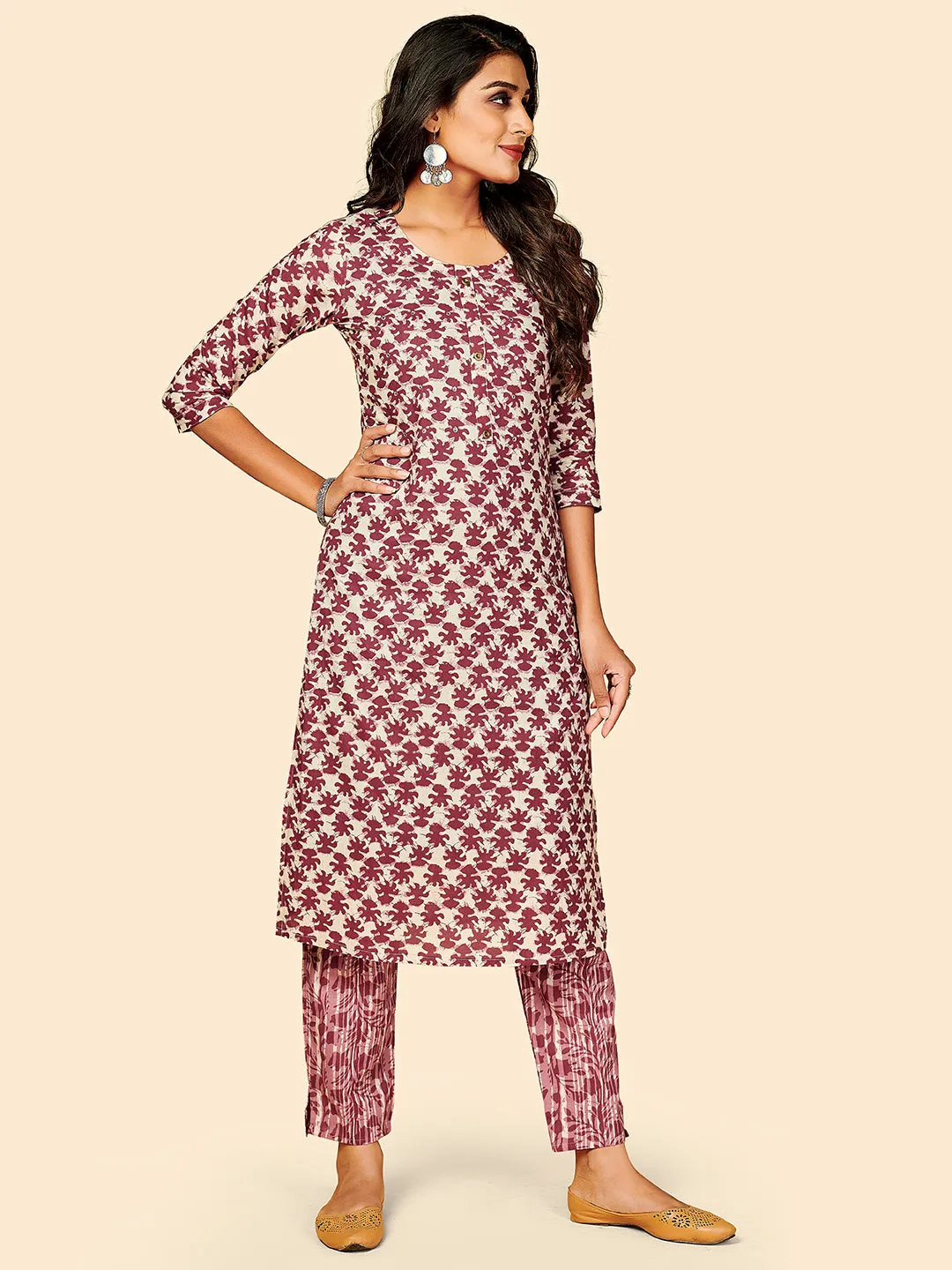 Women'S Printed & Mirror Work Straight Cotton Maroon Stitched Kurta With Pant