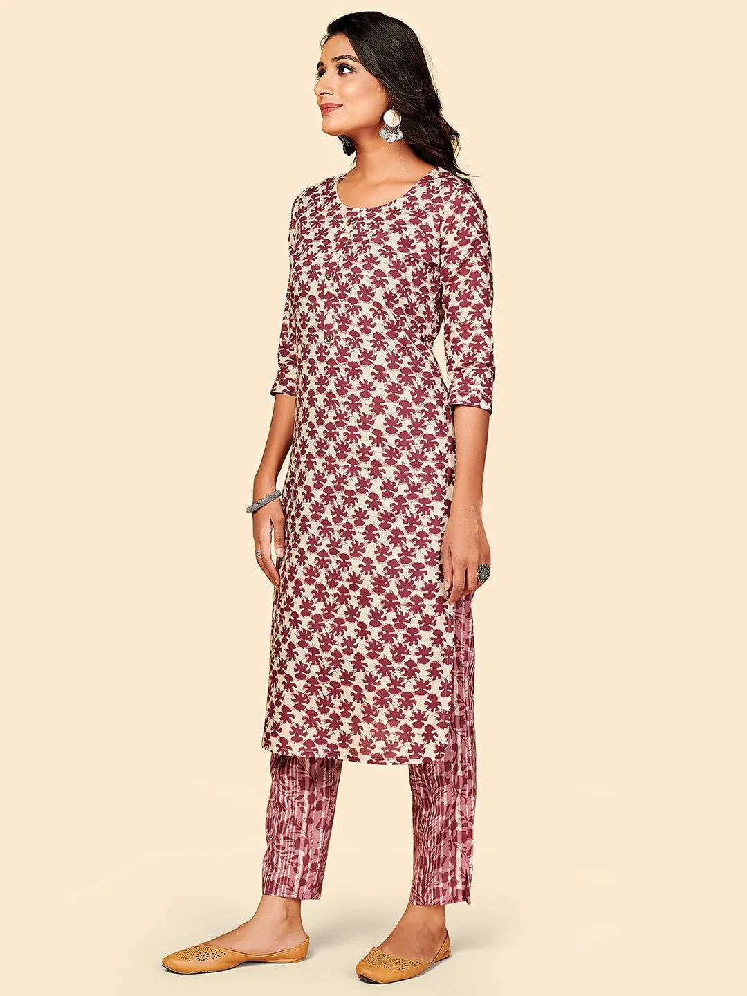 Women'S Printed & Mirror Work Straight Cotton Maroon Stitched Kurta With Pant