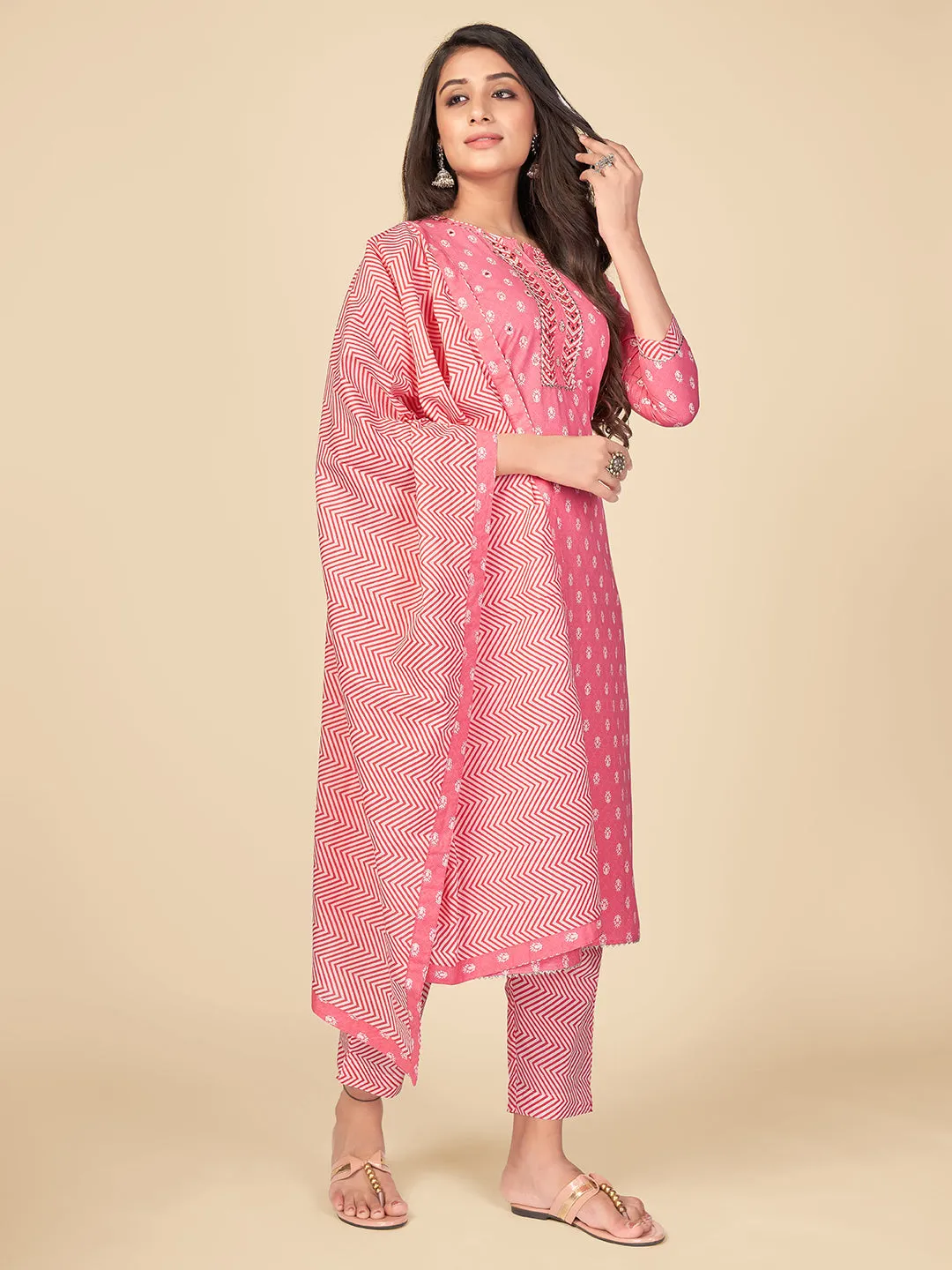 Women'S Printed & Mirror Work Straight Cotton Pink Kurta Pant With Dupatta