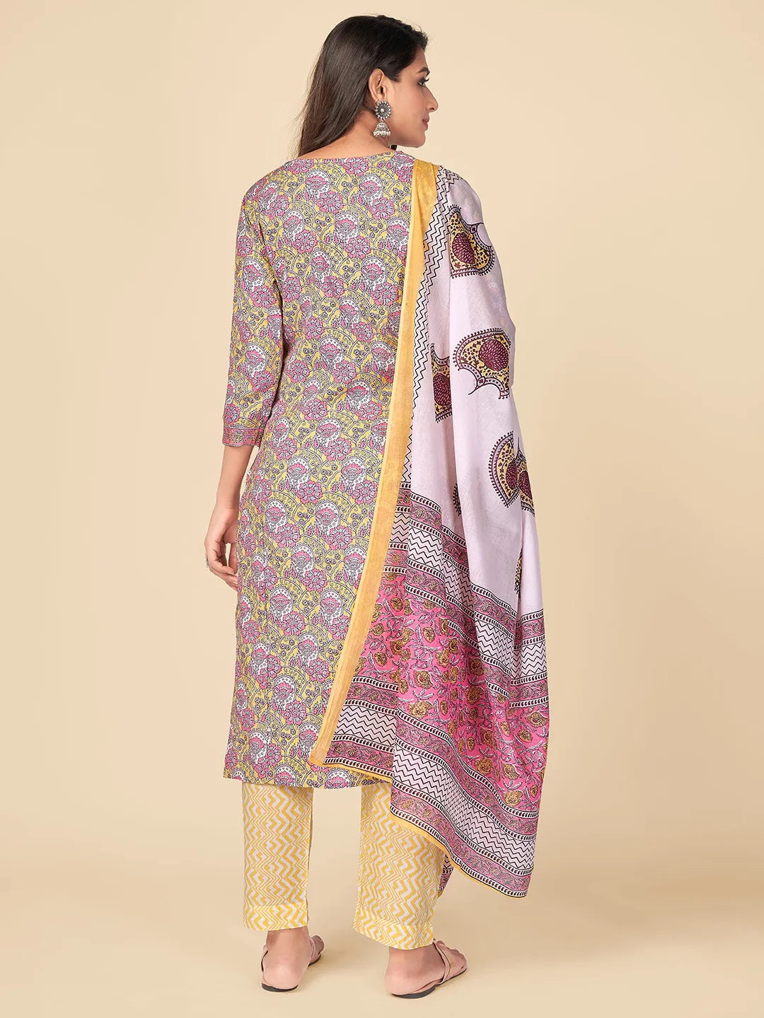 Women'S Printed & Sequence Work Straight Cotton Pink Kurta Pant With Dupatta
