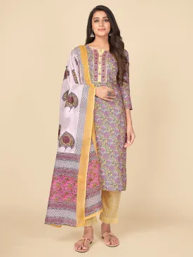 Women'S Printed & Sequence Work Straight Cotton Pink Kurta Pant With Dupatta