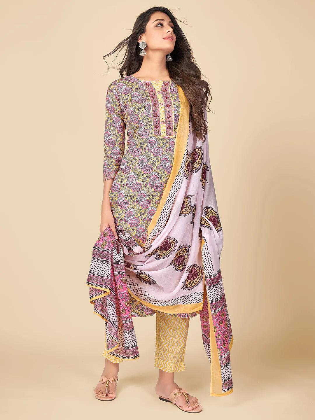 Women'S Printed & Sequence Work Straight Cotton Pink Kurta Pant With Dupatta
