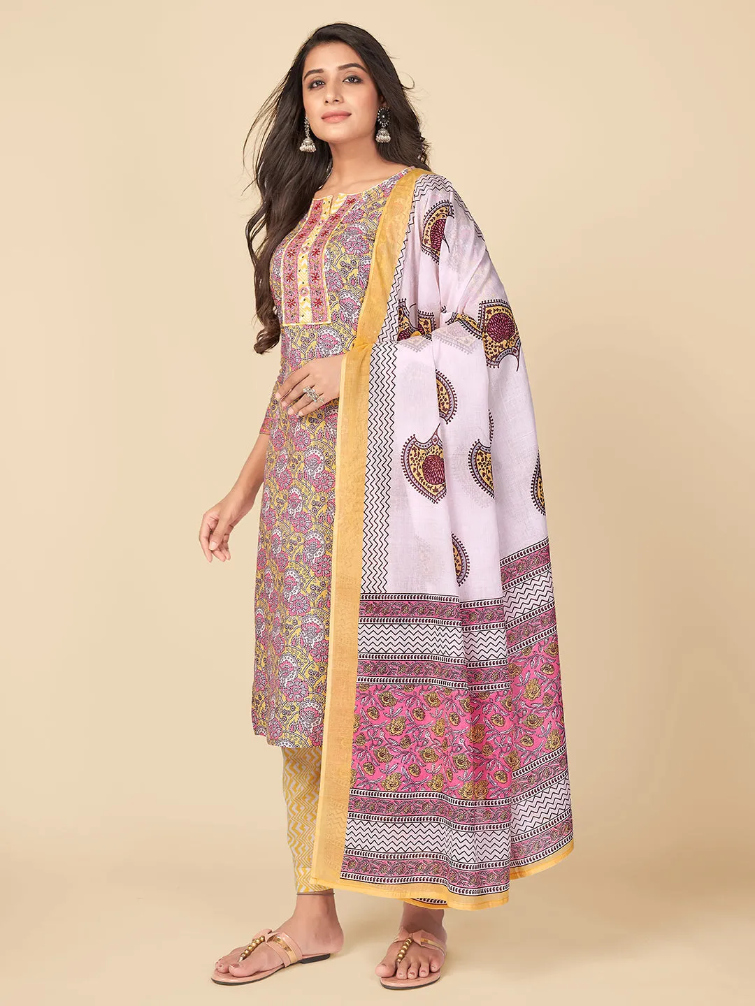 Women'S Printed & Sequence Work Straight Cotton Pink Kurta Pant With Dupatta
