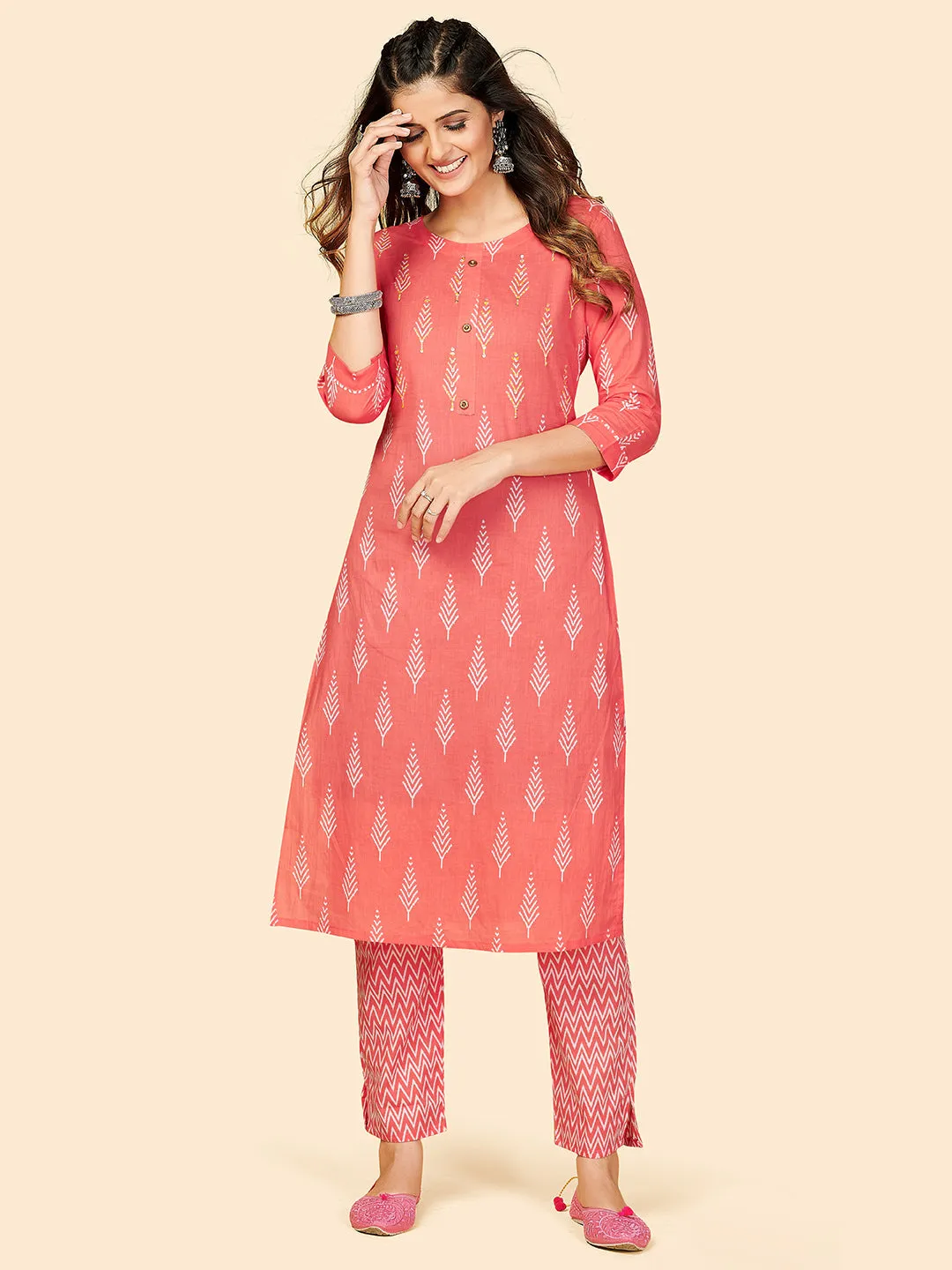 Women'S Printed & Sequience Work Straight Cotton Coral Stitched Kurta With Pant