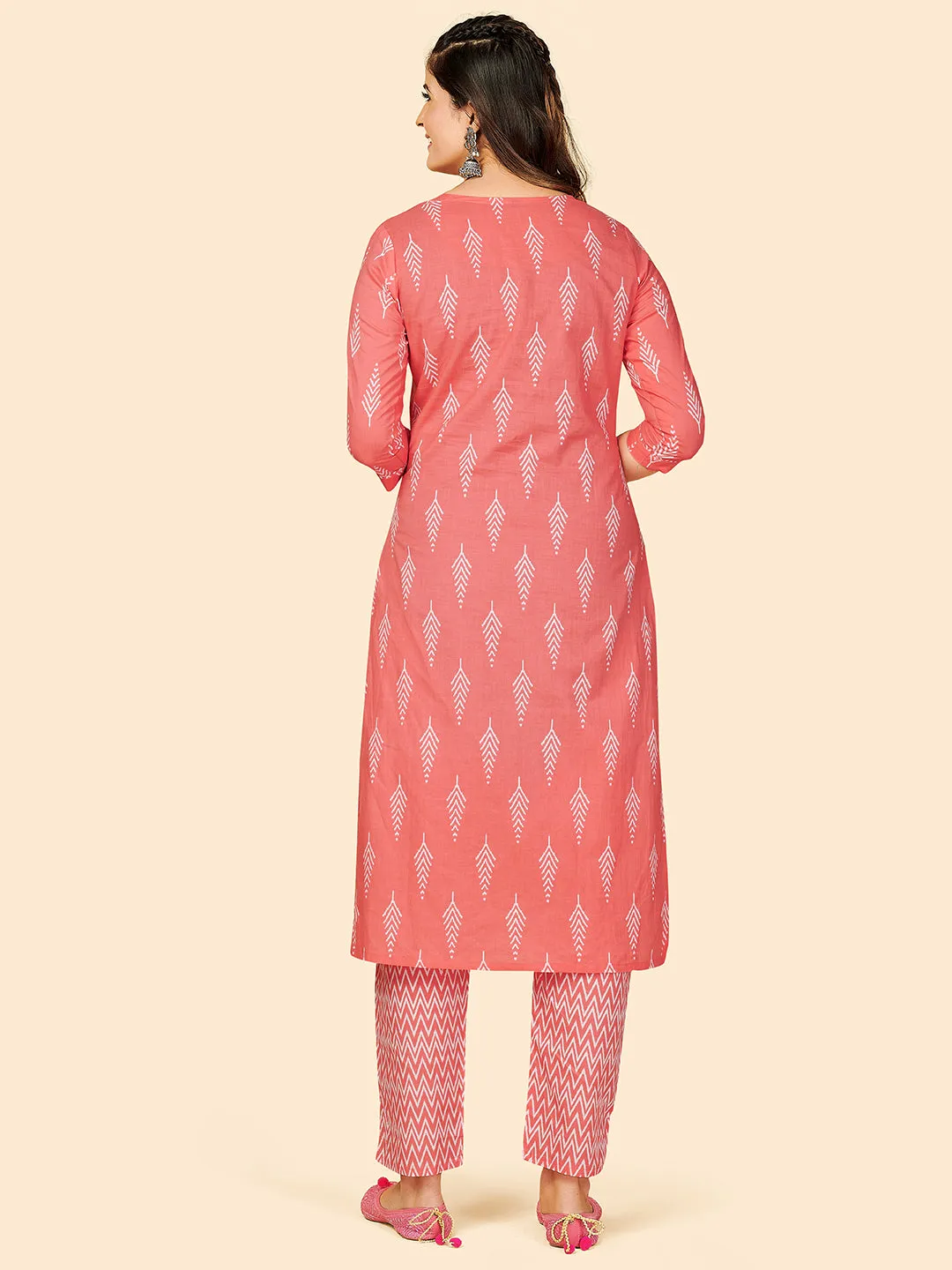 Women'S Printed & Sequience Work Straight Cotton Coral Stitched Kurta With Pant