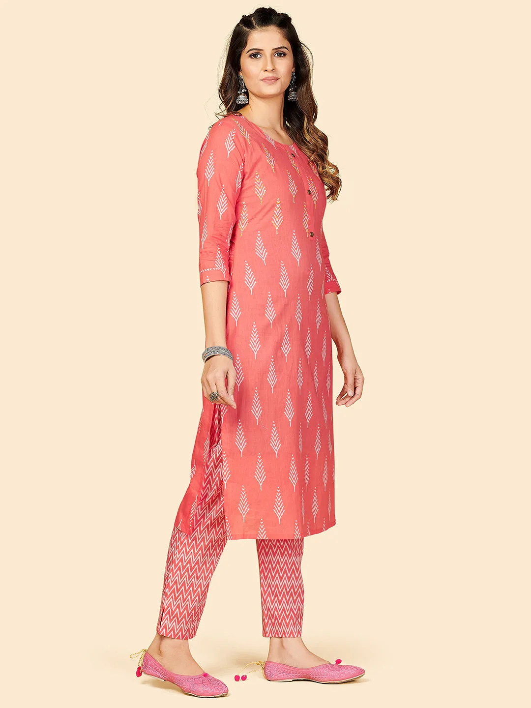 Women'S Printed & Sequience Work Straight Cotton Coral Stitched Kurta With Pant