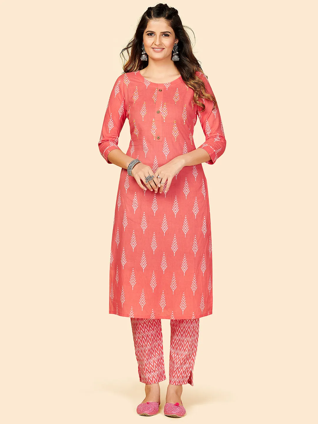 Women'S Printed & Sequience Work Straight Cotton Coral Stitched Kurta With Pant