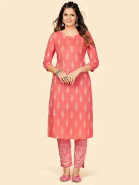 Women'S Printed & Sequience Work Straight Cotton Coral Stitched Kurta With Pant