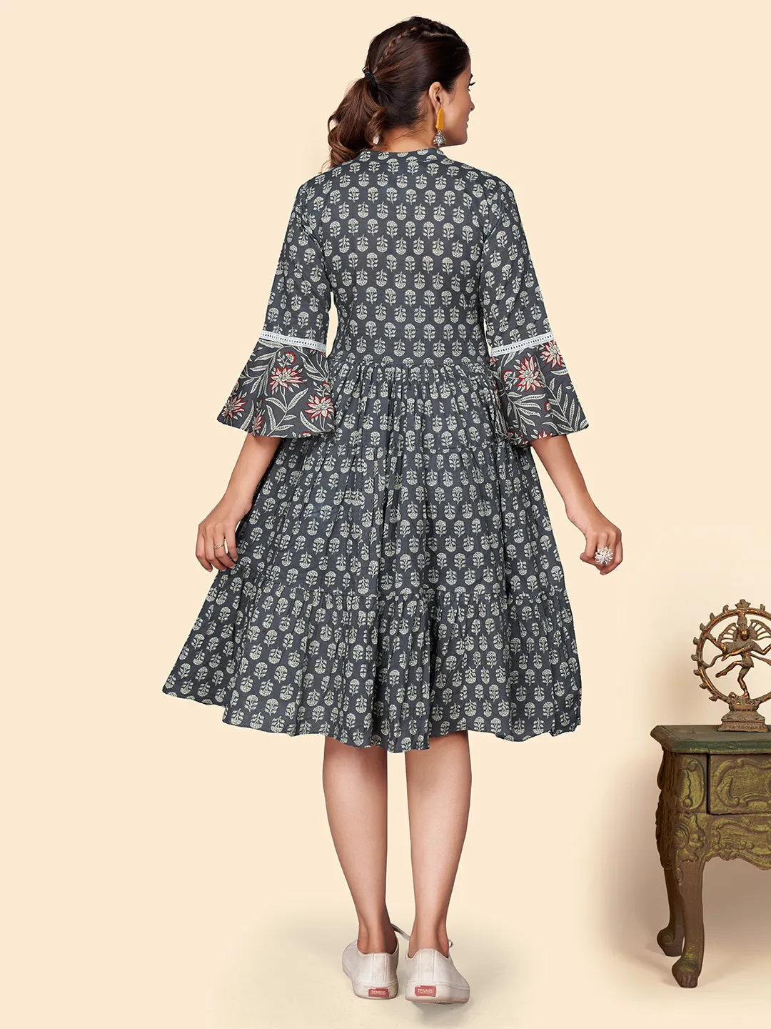 Women'S Printed Flared Cotton Grey Stitched Dress
