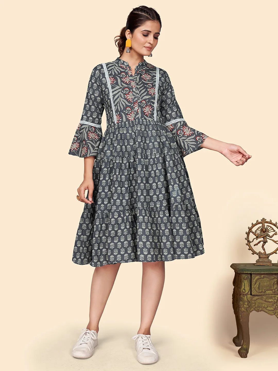 Women'S Printed Flared Cotton Grey Stitched Dress