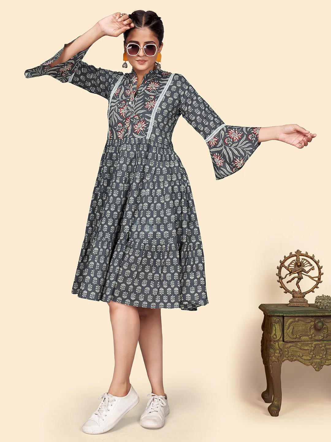 Women'S Printed Flared Cotton Grey Stitched Dress