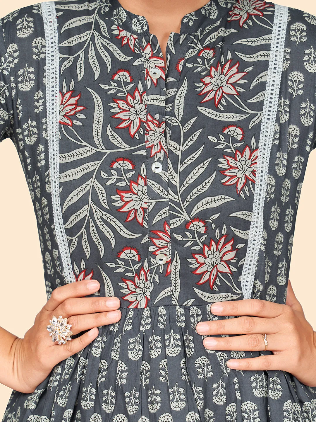 Women'S Printed Flared Cotton Grey Stitched Dress