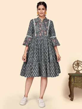 Women'S Printed Flared Cotton Grey Stitched Dress