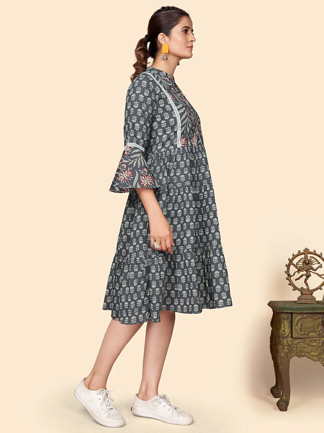 Women'S Printed Flared Cotton Grey Stitched Dress