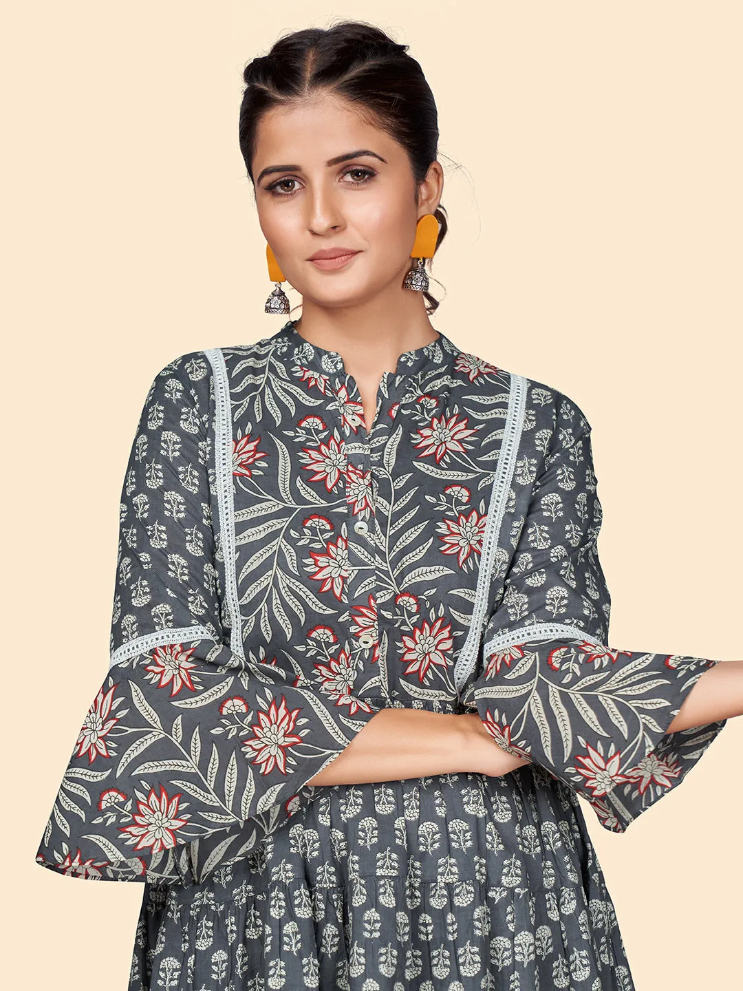 Women'S Printed Flared Cotton Grey Stitched Dress