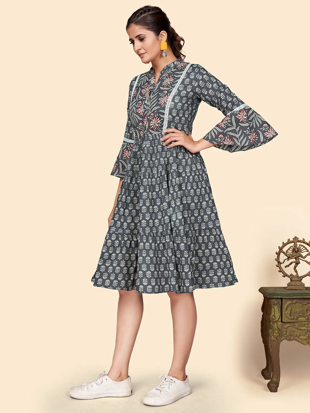 Women'S Printed Flared Cotton Grey Stitched Dress