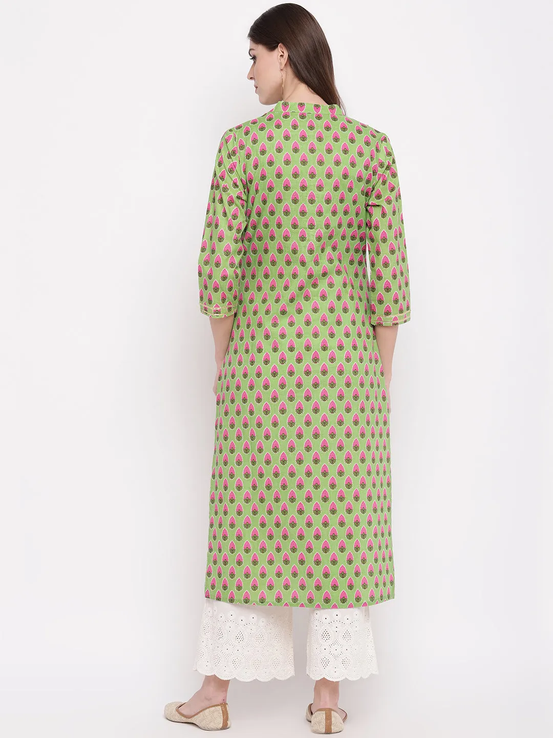 Women'S Printed, Lace Work Straight Cotton Parrot Green Kurti
