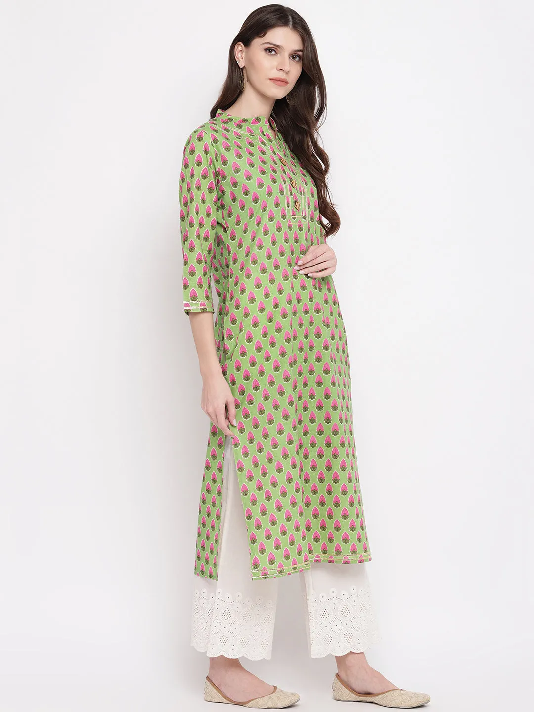 Women'S Printed, Lace Work Straight Cotton Parrot Green Kurti