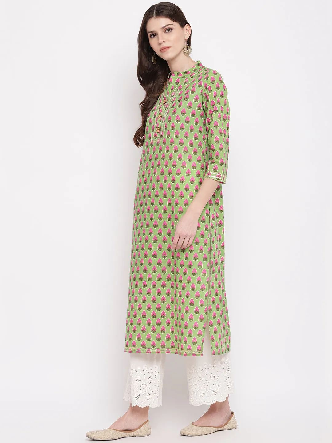 Women'S Printed, Lace Work Straight Cotton Parrot Green Kurti