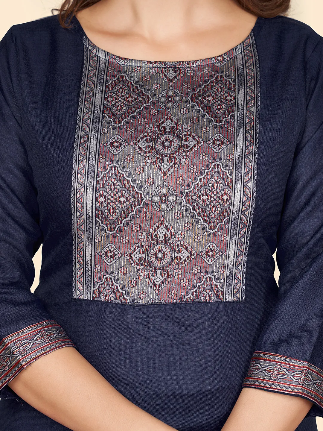 Women'S Printed Straight Cotton Blend Blue Stitched Kurta Palazzo With Dupatta
