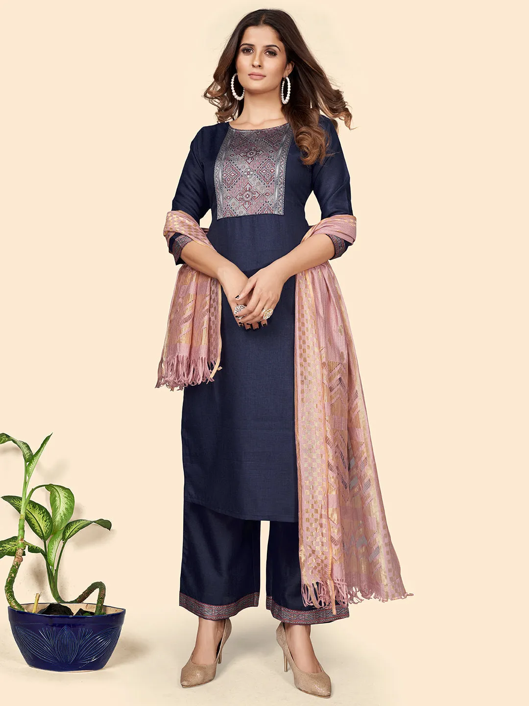Women'S Printed Straight Cotton Blend Blue Stitched Kurta Palazzo With Dupatta