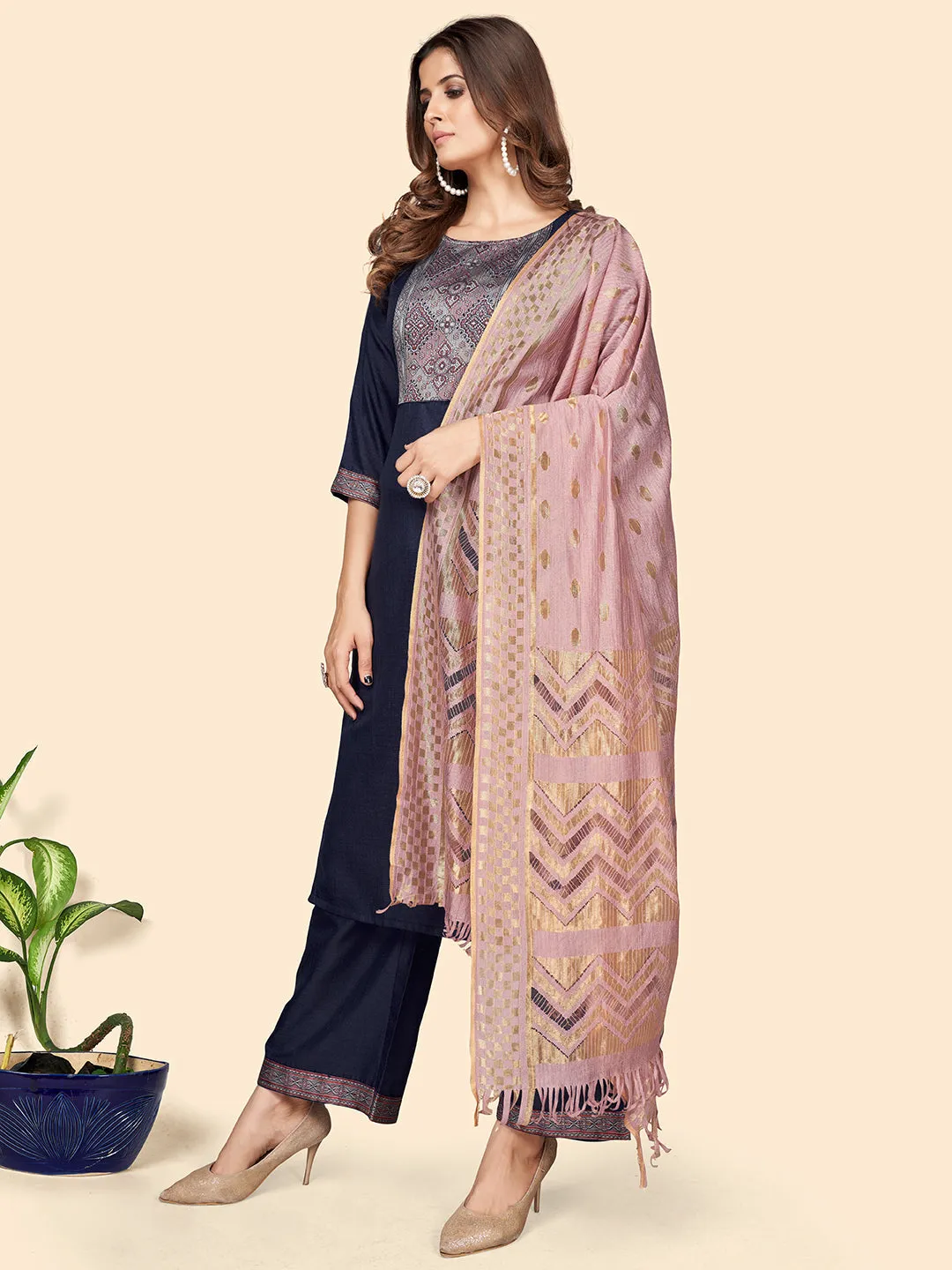 Women'S Printed Straight Cotton Blend Blue Stitched Kurta Palazzo With Dupatta