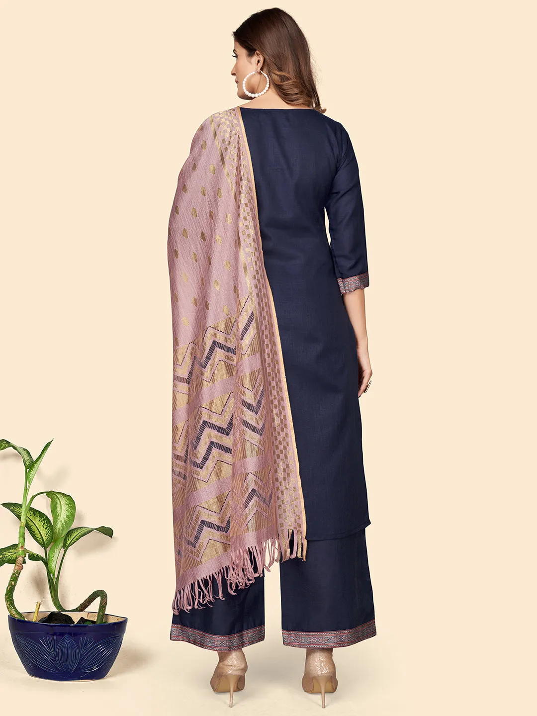 Women'S Printed Straight Cotton Blend Blue Stitched Kurta Palazzo With Dupatta