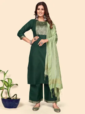 Women'S Printed Straight Cotton Blend Green Stitched Kurta Palazzo With Dupatta