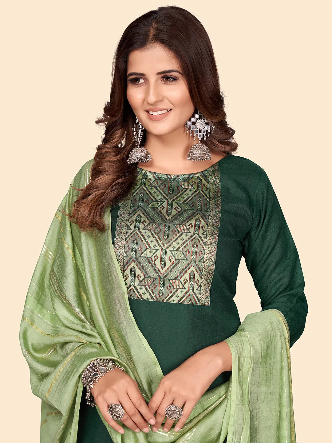 Women'S Printed Straight Cotton Blend Green Stitched Kurta Palazzo With Dupatta