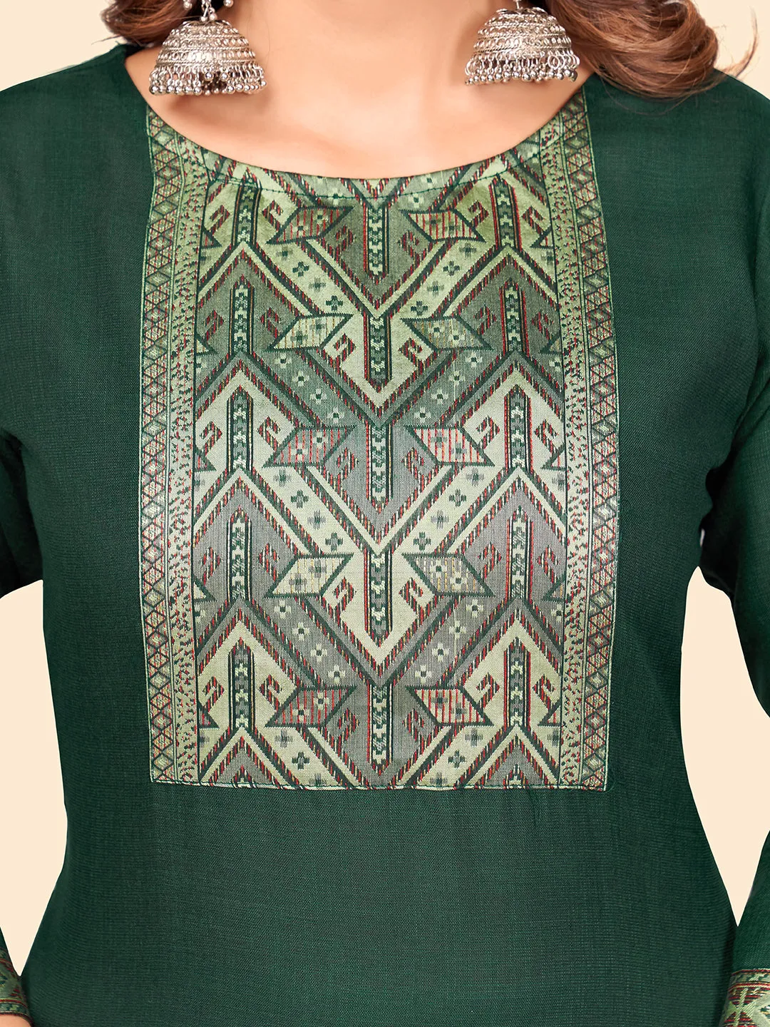 Women'S Printed Straight Cotton Blend Green Stitched Kurta Palazzo With Dupatta