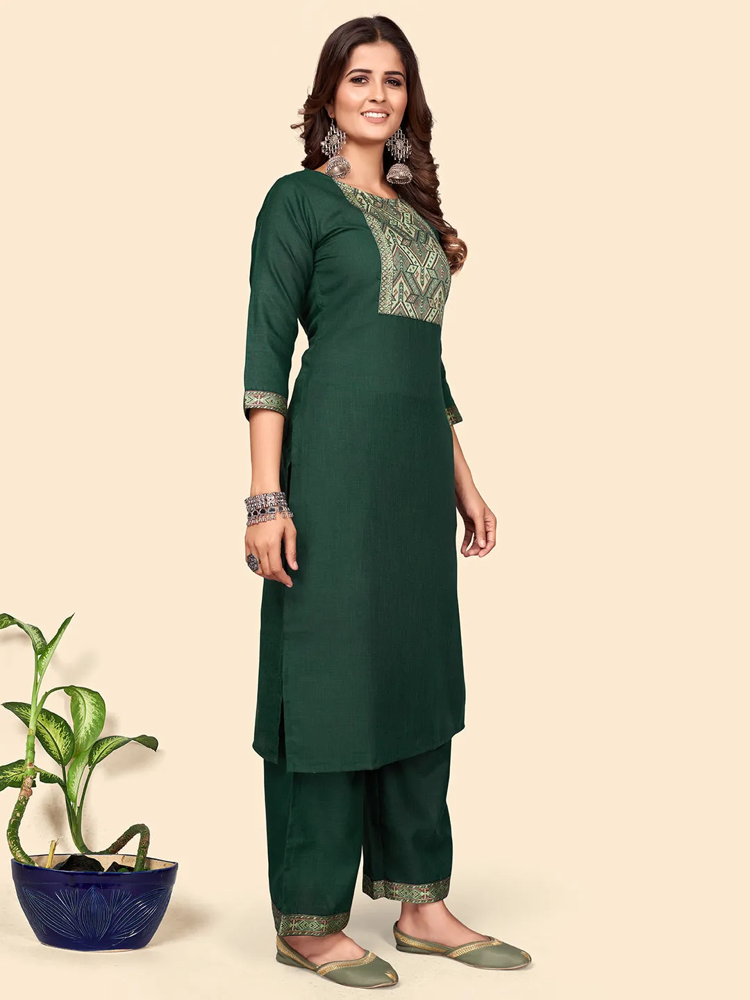 Women'S Printed Straight Cotton Blend Green Stitched Kurta Palazzo With Dupatta