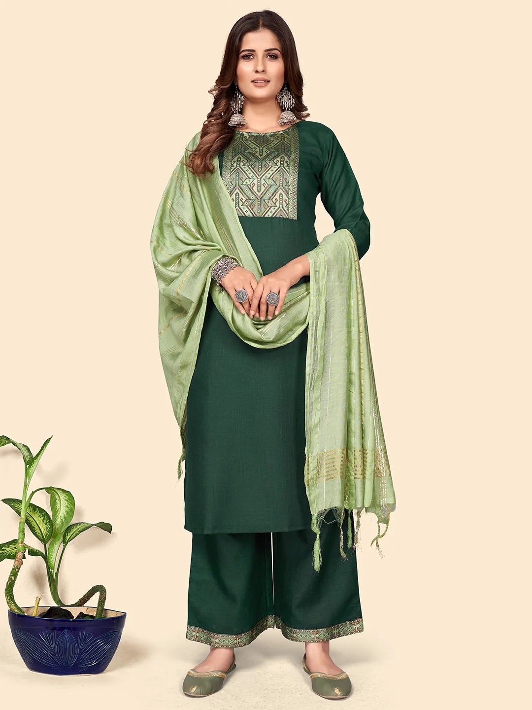 Women'S Printed Straight Cotton Blend Green Stitched Kurta Palazzo With Dupatta