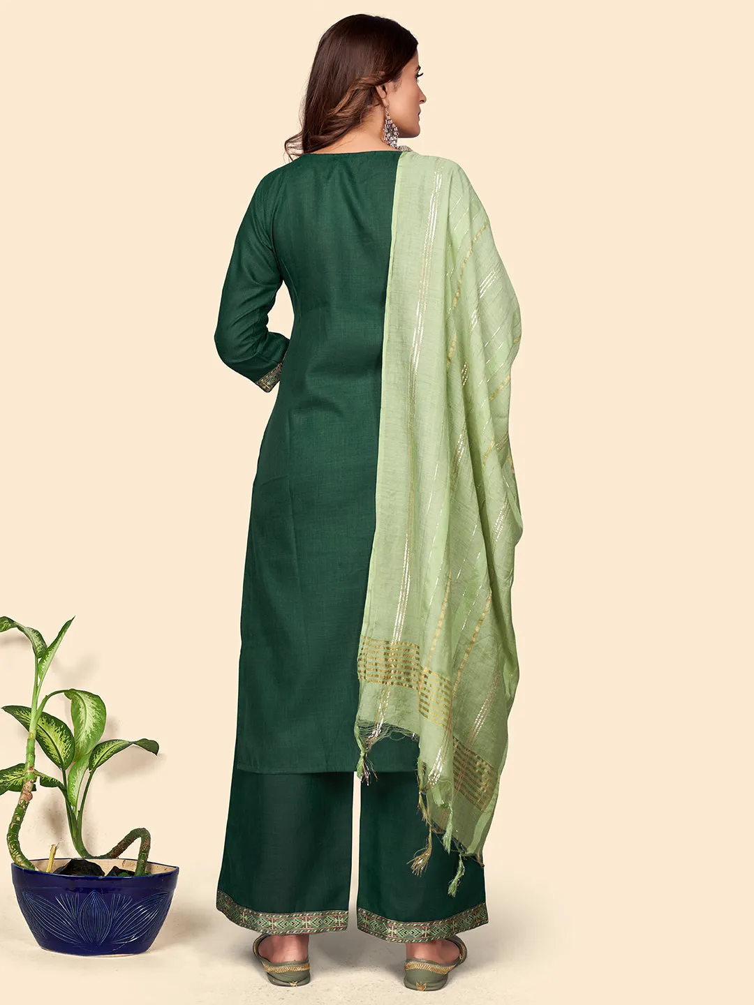 Women'S Printed Straight Cotton Blend Green Stitched Kurta Palazzo With Dupatta