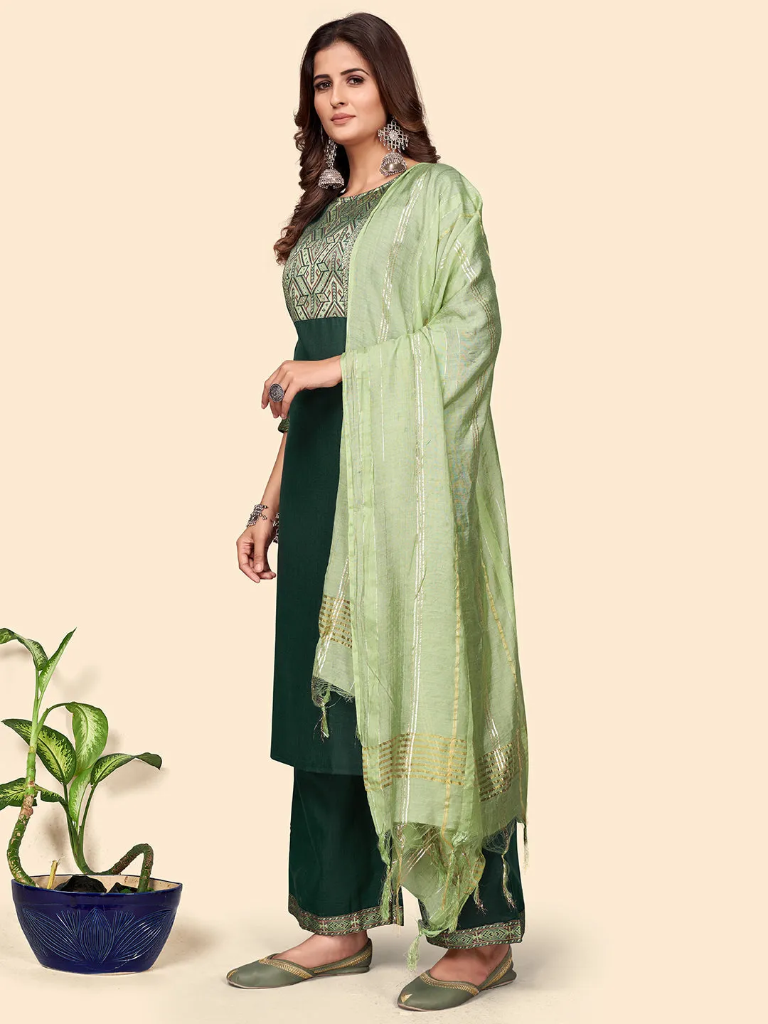 Women'S Printed Straight Cotton Blend Green Stitched Kurta Palazzo With Dupatta