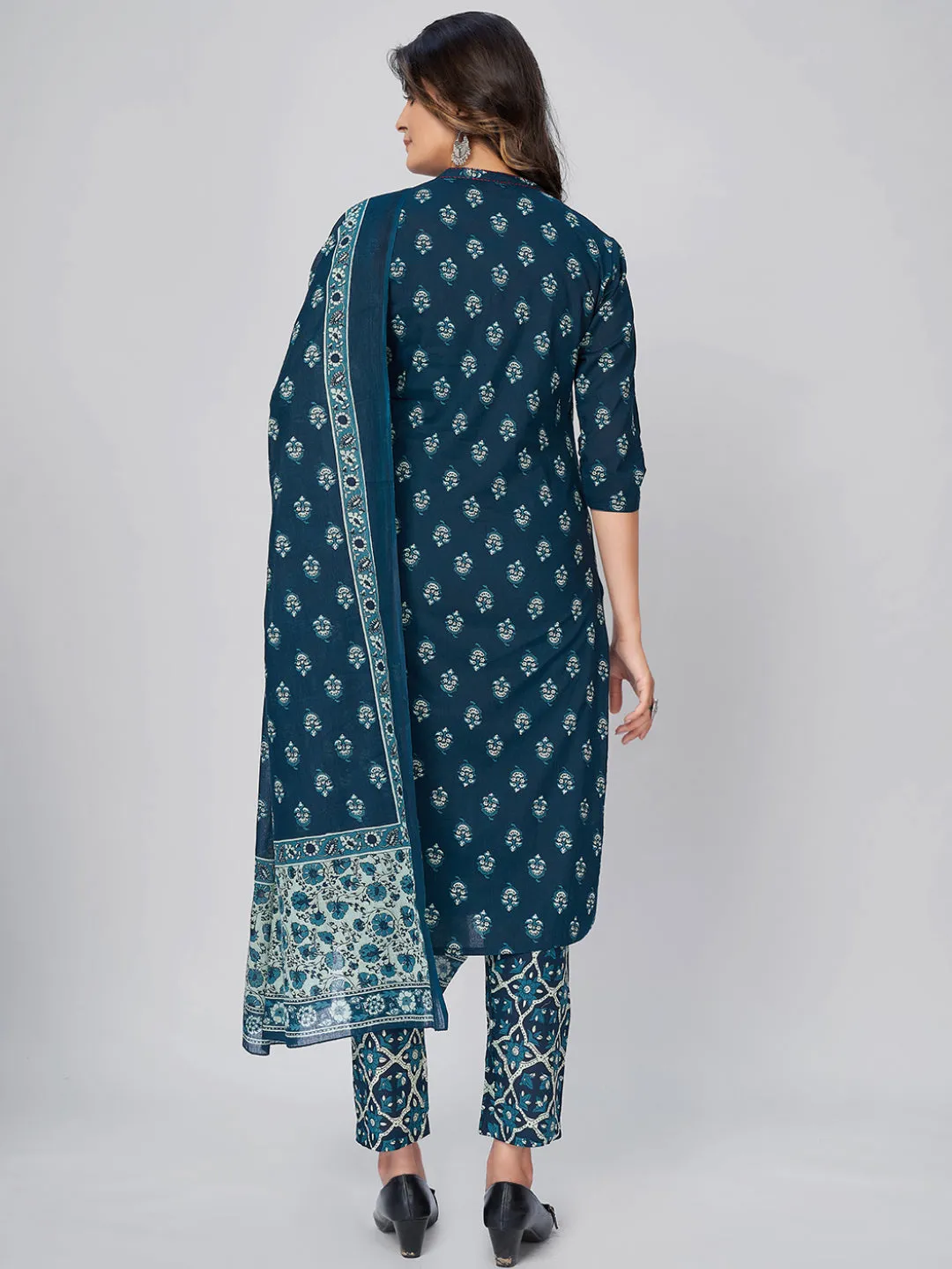 Women'S Printed Straight Cotton Blue Kurta Pant With Dupatta