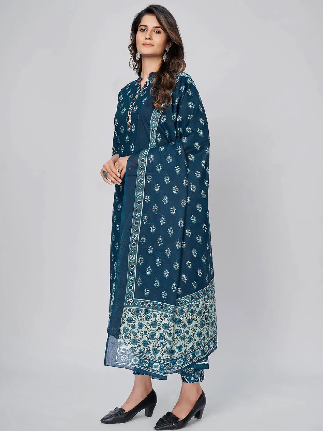 Women'S Printed Straight Cotton Blue Kurta Pant With Dupatta