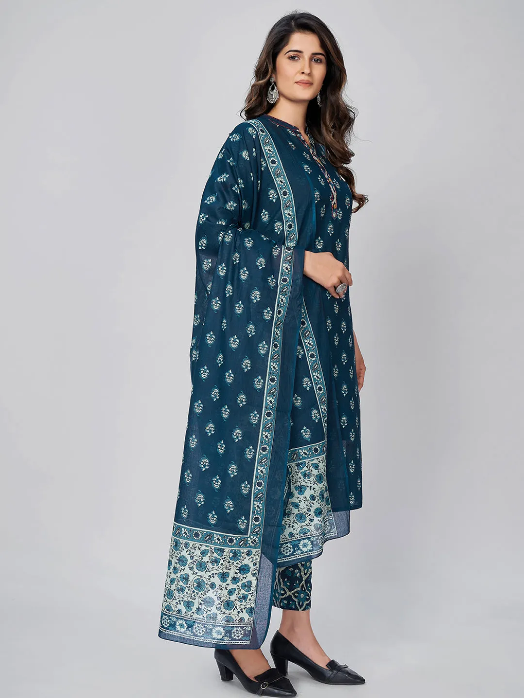 Women'S Printed Straight Cotton Blue Kurta Pant With Dupatta