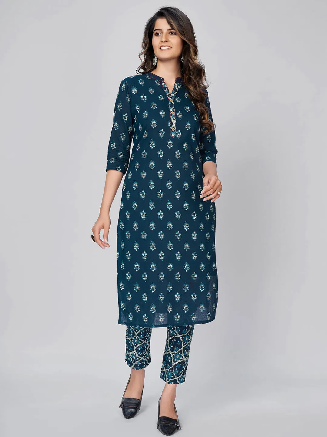 Women'S Printed Straight Cotton Blue Kurta Pant With Dupatta