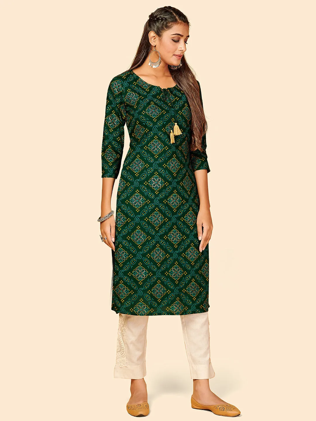 Women'S Printed Straight Cotton Green Stitched Kurta
