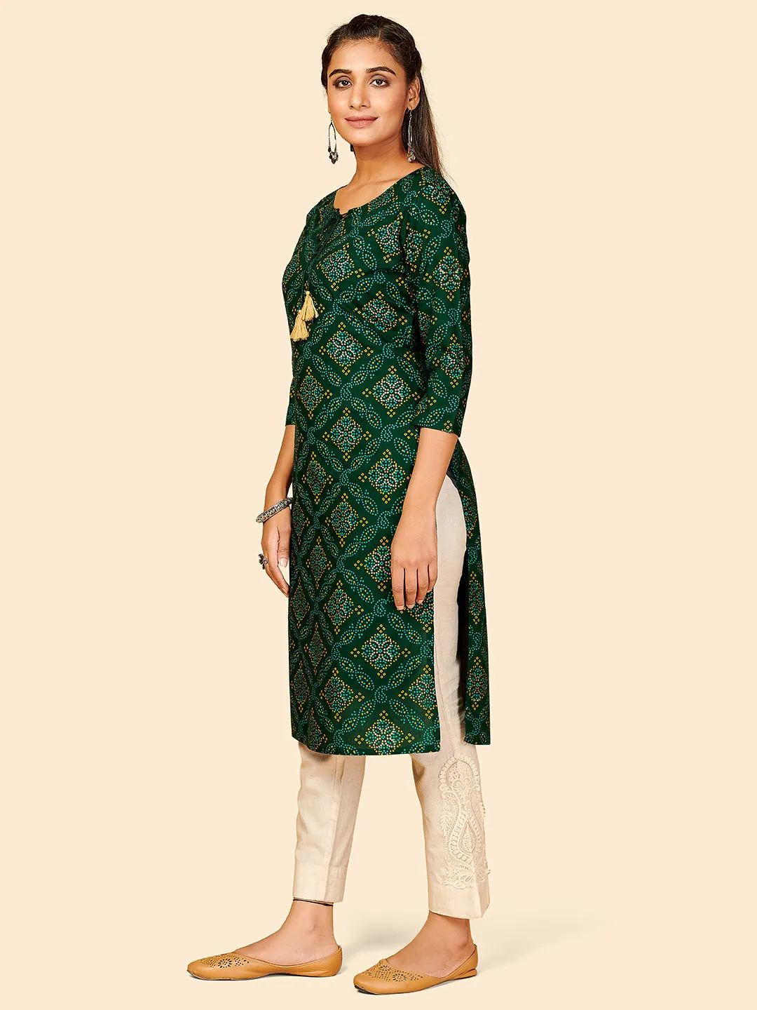 Women'S Printed Straight Cotton Green Stitched Kurta