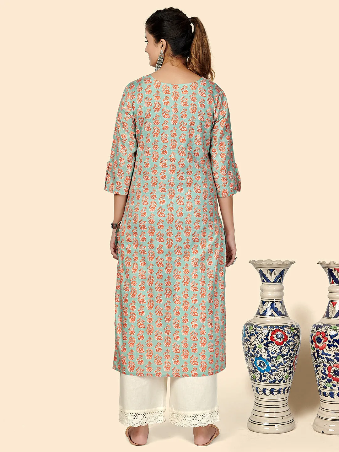 Women'S Printed Straight Cotton See Green Stitched Kurta