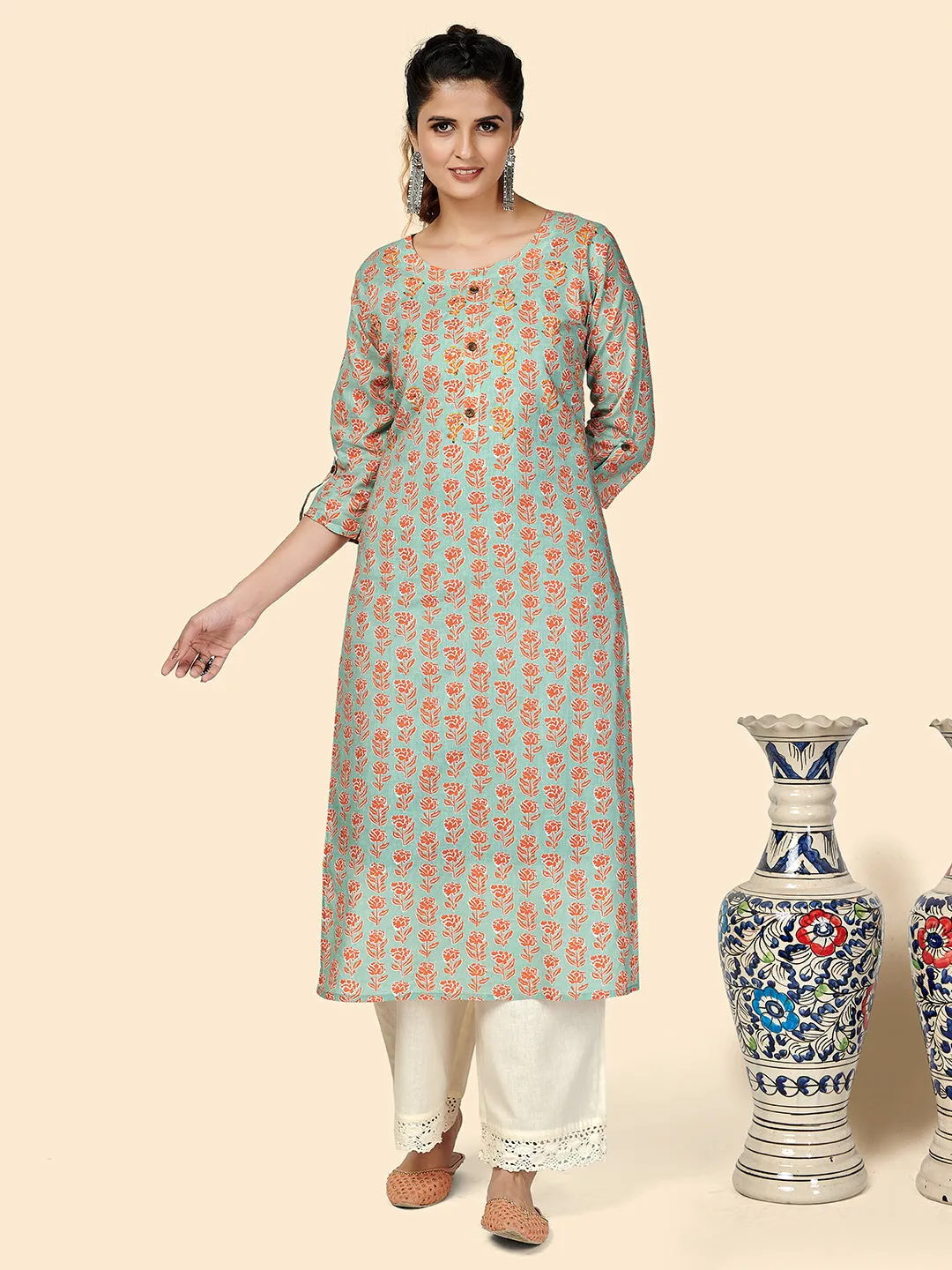 Women'S Printed Straight Cotton See Green Stitched Kurta