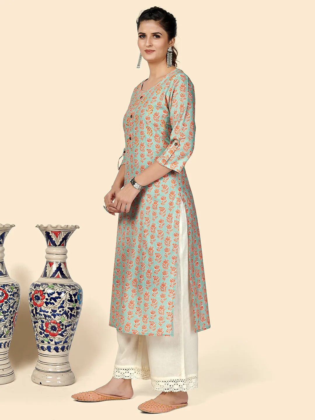 Women'S Printed Straight Cotton See Green Stitched Kurta