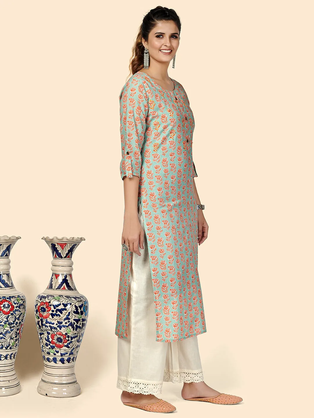 Women'S Printed Straight Cotton See Green Stitched Kurta