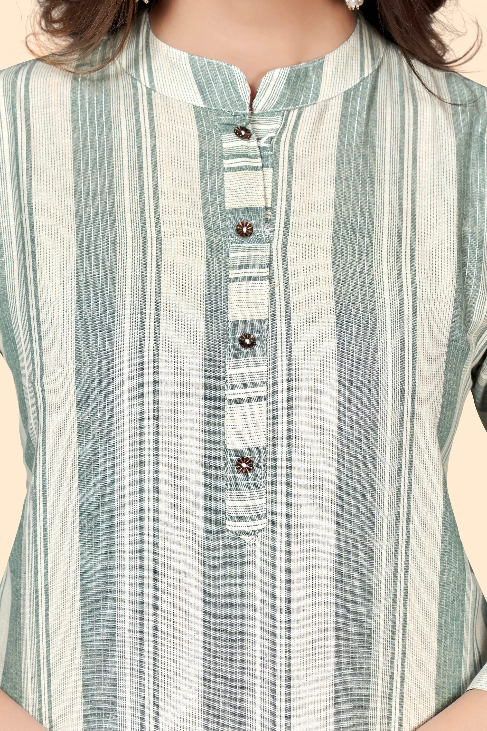 Women'S Striped Print Straight Cotton Blend Pista  Stitched Kurta With Pant