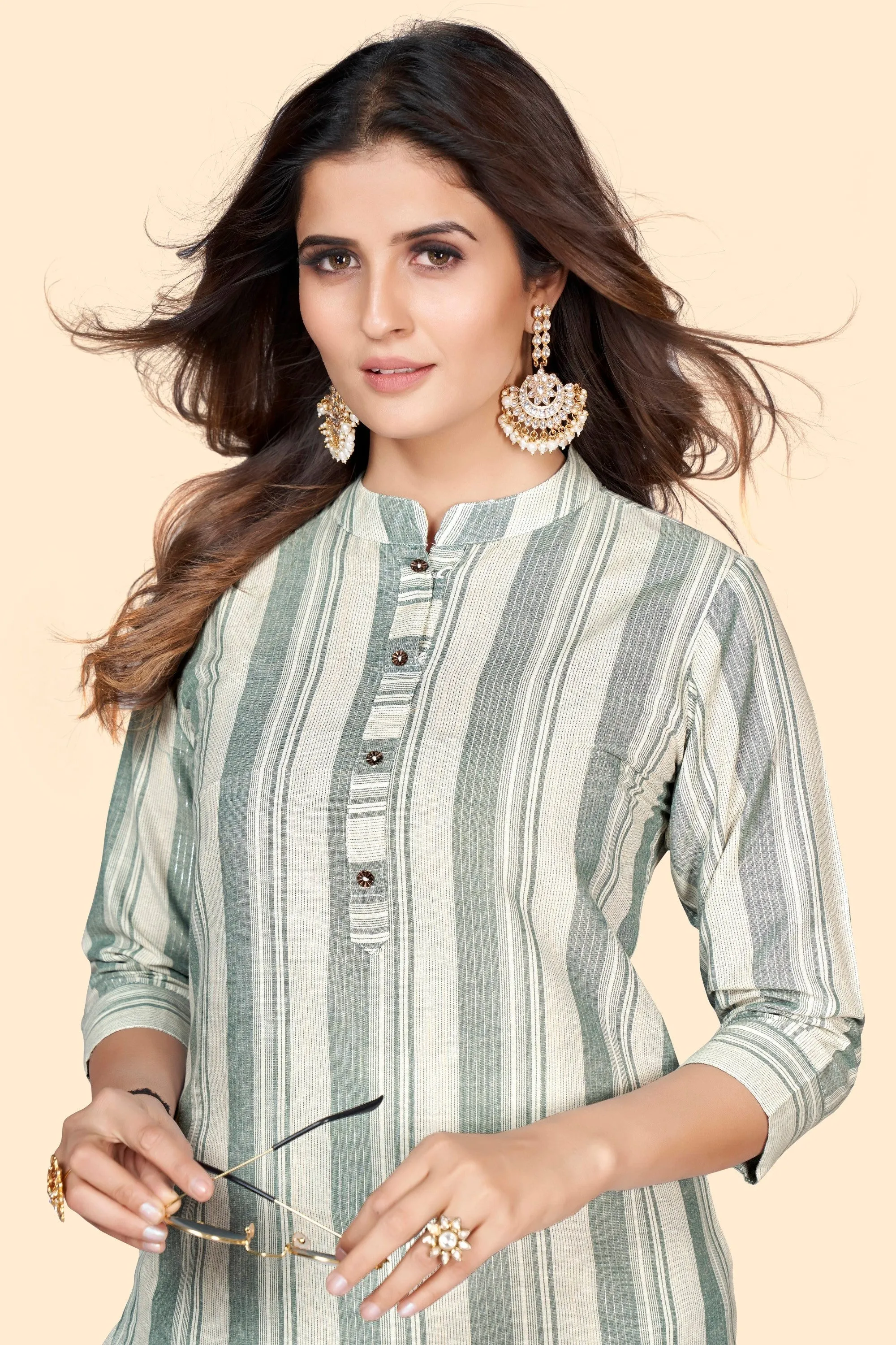 Women'S Striped Print Straight Cotton Blend Pista  Stitched Kurta With Pant