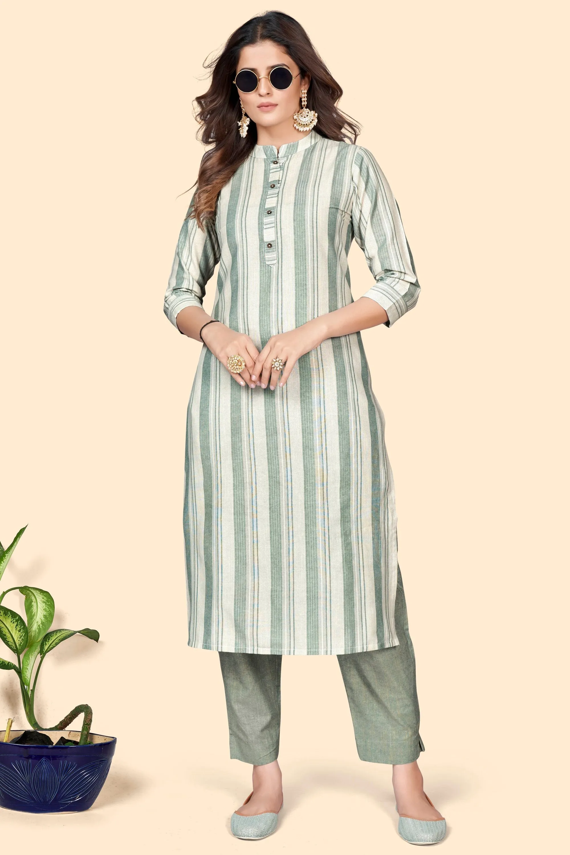 Women'S Striped Print Straight Cotton Blend Pista  Stitched Kurta With Pant