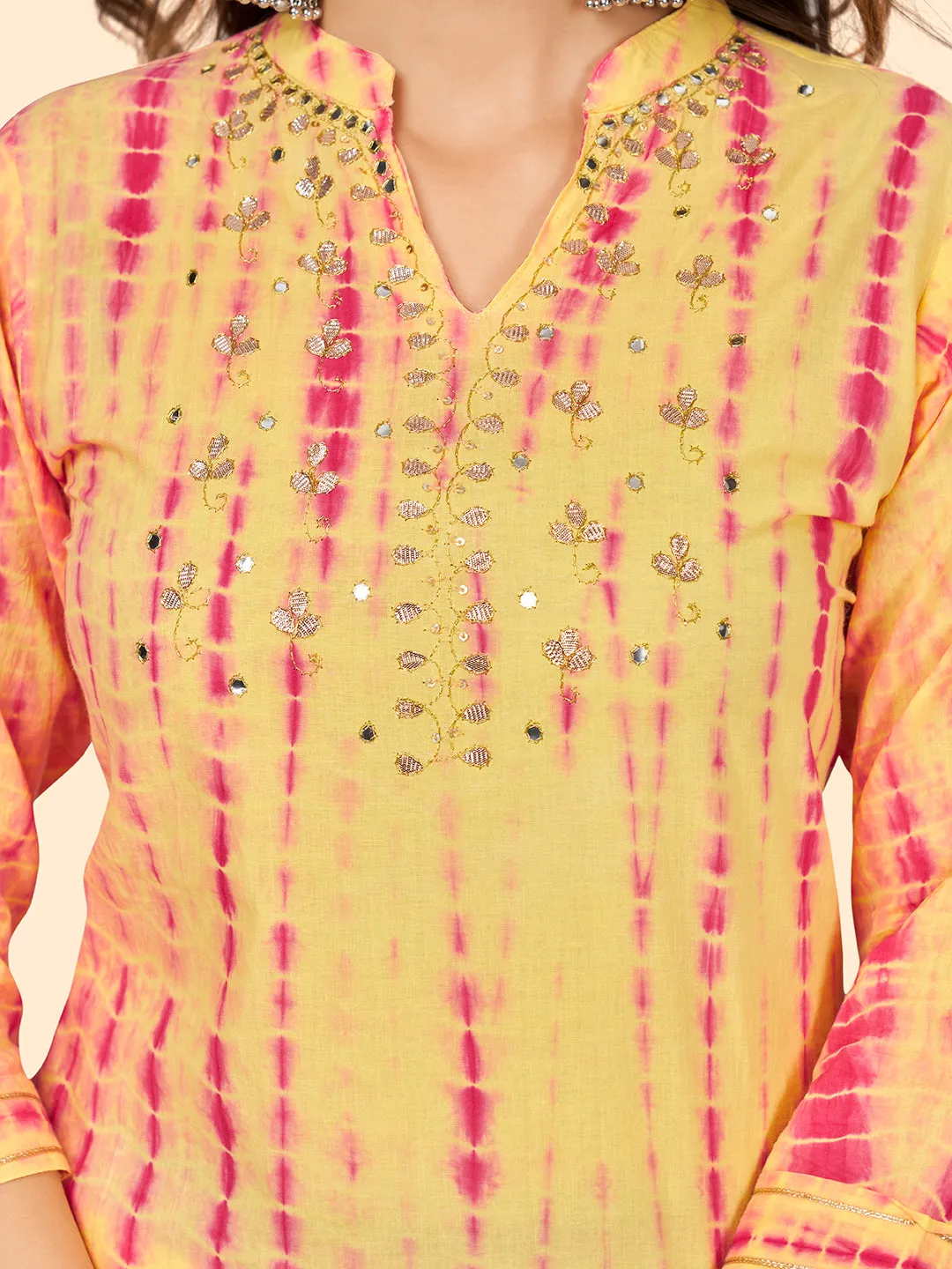 Women'S Tie & Dye Print & Gota Work Straight Cotton Yellow Stitched Kurta
