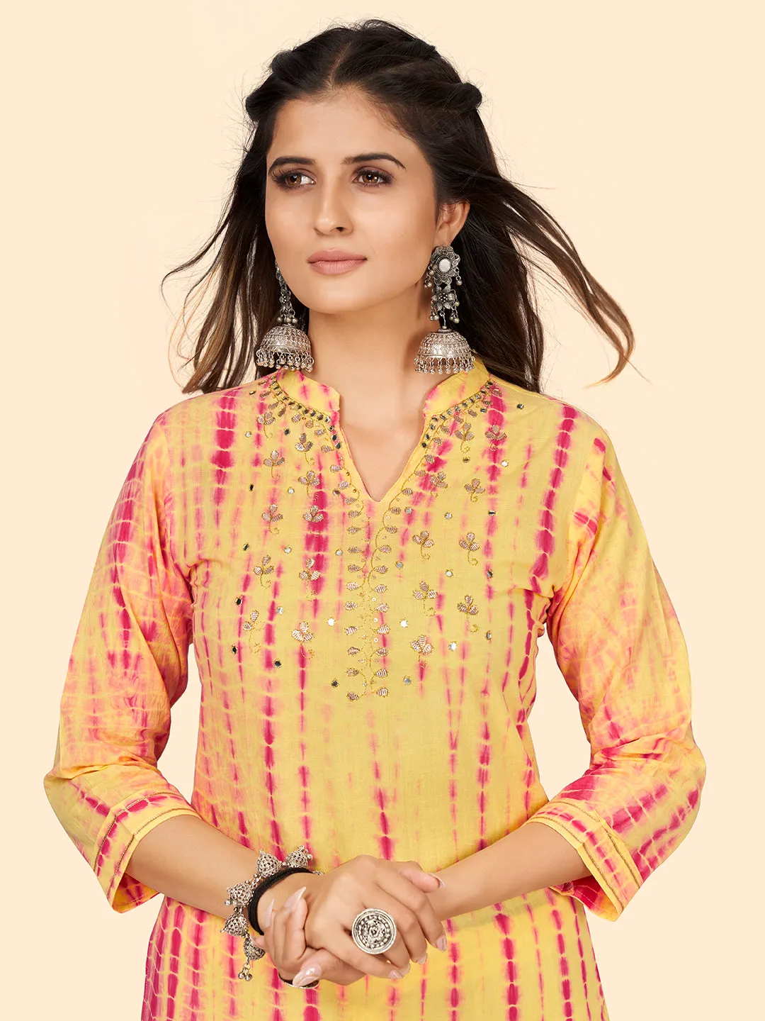 Women'S Tie & Dye Print & Gota Work Straight Cotton Yellow Stitched Kurta
